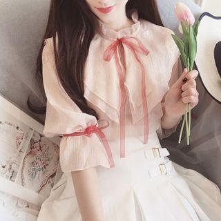 Bow Accent Frill Trim Elbow Sleeve Chiffon Top