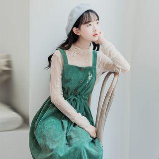 Embroidered Wide-strap A-line Corduroy Dress
