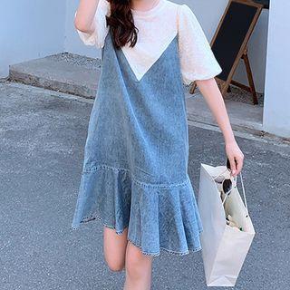 Elbow-sleeve Denim Panel Dress