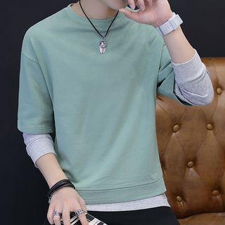 Mock Two-piece Smiley Embroidered Long-sleeve T-shirt