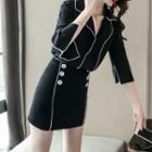 Set: 3/4-sleeve Blouse + Double-breasted Pencil Skirt