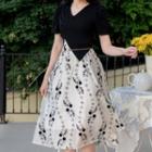 Set: Short-sleeve Irregular Crop Top + Floral Embroidered Midi A-line Skirt