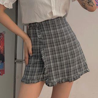 Plaid Frill Trim Fitted Mini Skirt