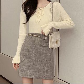 Flared-cuff Ribbed Knit Top / Plaid A-line Skirt / Chained Belt Bag / Set