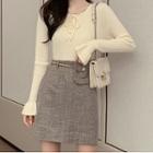 Flared-cuff Ribbed Knit Top / Plaid A-line Skirt / Chained Belt Bag / Set