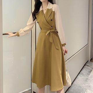 Two-tone Panel Long-sleeve Tie-waist Midi A-line Dress