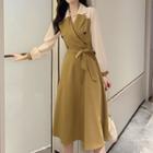 Two-tone Panel Long-sleeve Tie-waist Midi A-line Dress