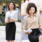 V-neck Short-sleeve Shirt / Tie-waist Pencil Skirt
