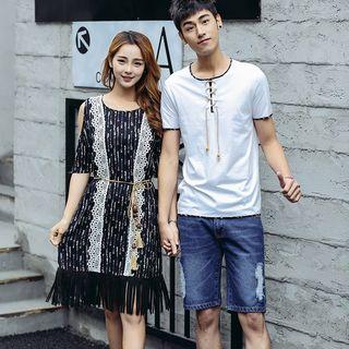 Couple Matching Short-sleeve T-shirt / Cold Shoulder Dress