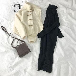 Fleece Jacket / Turtleneck Midi Sweater Dress