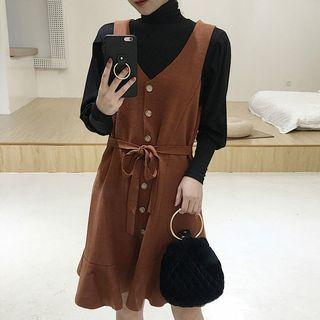 Buttoned Pinafore Dress With Sash