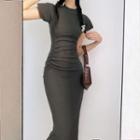 Short Sleeve Mock Neck Plain Maxi Dress
