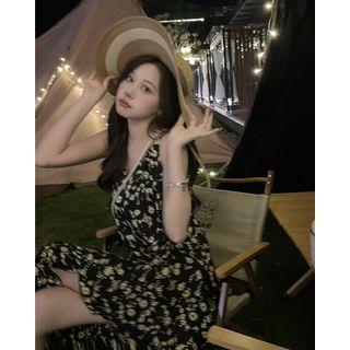 Spaghetti Strap Floral Smock Dress Black - One Size