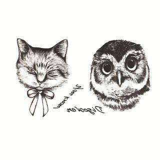 Cat / Owl Print Waterproof Temporary Tattoo Black - One Piece