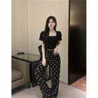 Short-sleeve Cropped T-shirt / Print Wide Leg Pants