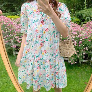 Floral Short-sleeve A-line Shirt Dress White - One Size