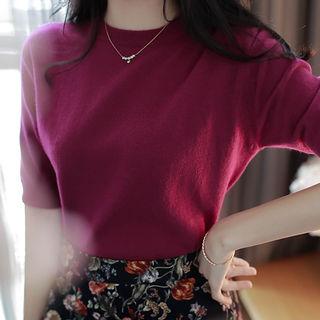 Round-neck Elbow-sleeve Wool Blend Knit Top
