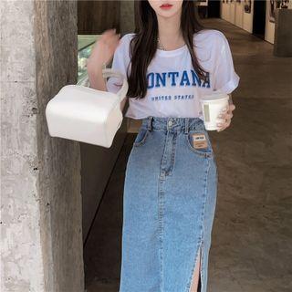 Short-sleeve Lettering T-shirt / Frayed Denim Midi Skirt