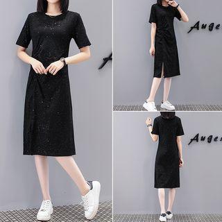 Short-sleeve Glitter Crinkled Slit Midi T-shirt Dress