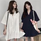 Pinstriped Elbow-sleeve Notch Lapel Shirtdress