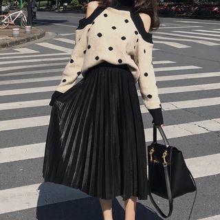 Cold-shoulder Dotted Sweater / Midi Pleated Skirt / Set
