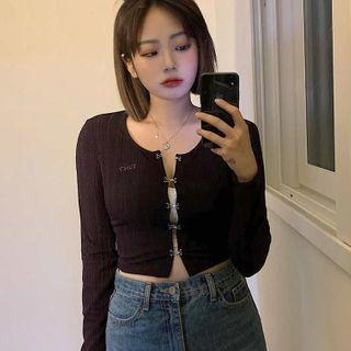 Long-sleeve Lettering Embroidered Top Purple - One Size