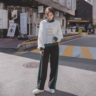Set: Contrast-trim Top + Straight-leg Pants