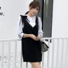 Set: Contrast Trim 3/4-sleeve Blouse + V-neck Pinafore Dress