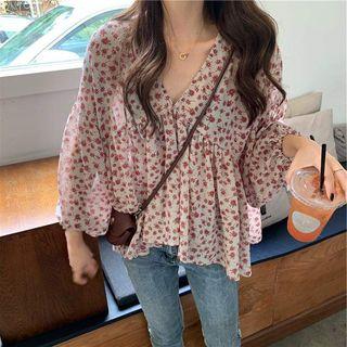 Long-sleeve Floral Printed Ruffled Blouse