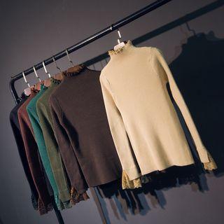 Mock-neck Lace Panel Long-sleeve Knit Top