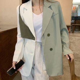 Long-sleeve Asymmetrical Two-tone Blazer White & Green - One Size