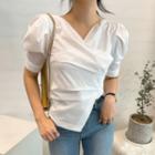 Plain Asymmetric Puff Short-sleeve Blouse