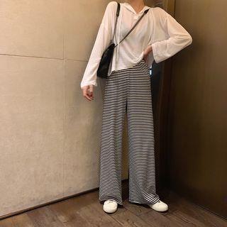 Striped Wide-leg Pants / Hooded Long-sleeve T-shirt