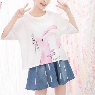 Rabbit Print Elbow-sleeve T-shirt