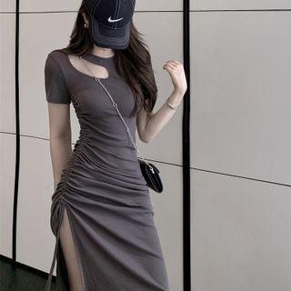 Round-neck Cutout Detail Drawstring Split Bodycon Midi Dress As Shown In Figure - One Size