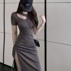 Round-neck Cutout Detail Drawstring Split Bodycon Midi Dress As Shown In Figure - One Size