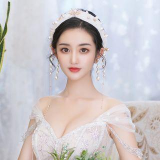 Set: Wedding Faux Pearl Headband + Dangle Earring 1 Piece - Headband & 1 Pair - Clip On Earrings - White & Gold - One Size