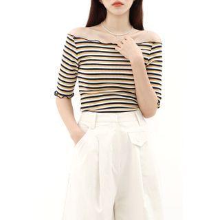 Off-shoulder Stripe Cropped T-shirt Mustard Yellow - One Size