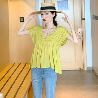 V-neck Shirred Short-sleeve Blouse