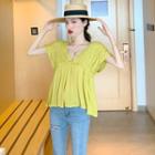 V-neck Shirred Short-sleeve Blouse