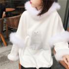 Faux-fur Hooded Cat Printed Pullover White - One Size