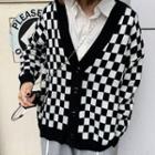 Checkered Buttoned Cardigan Check - Black & White - One Size