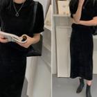 Set: Short-sleeve Knit Top + Slit-back Skirt