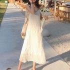 Spaghetti Strap Midi Ruched Dress / Long-sleeve Midi Ruched Chiffon Dress
