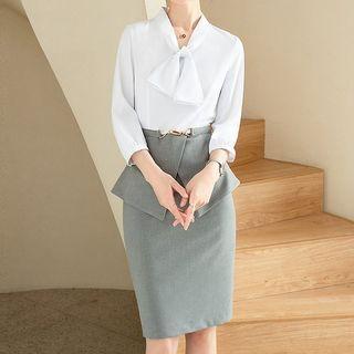 Set: Tie-neck Blouse + Buckle Pencil Skirt