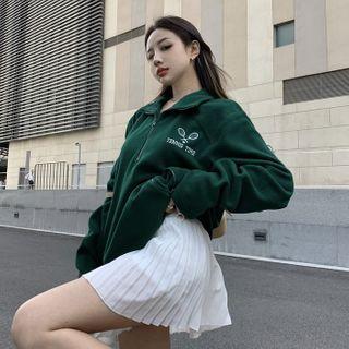 Long-sleeve Embroidered Sweatshirt / Mini A-line Pleated Skirt
