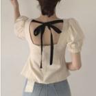 Puff-sleeve Square-neck Tie-back Blouse Almond - One Size