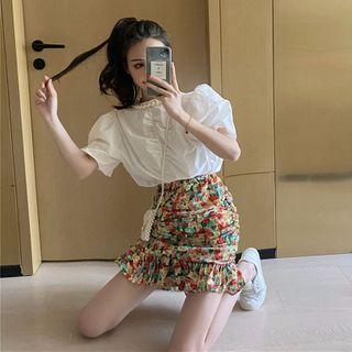 Faux Pearl Elbow-sleeve Blouse / Floral Print Mini Pencil Skirt