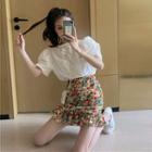 Faux Pearl Elbow-sleeve Blouse / Floral Print Mini Pencil Skirt