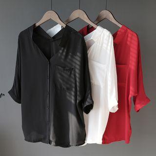 3/4-sleeve Plain Chiffon Shirt